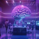 Un centre de commandement d'IA hypermoderne représentant l'optimisation des opérations d'entreprise, vue en perspective dramatique avec une profondeur de champ cinématographique