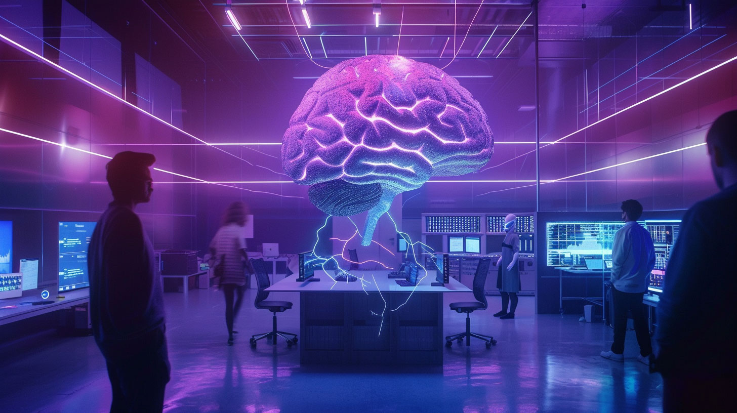 Un centre de commandement d'IA hypermoderne représentant l'optimisation des opérations d'entreprise, vue en perspective dramatique avec une profondeur de champ cinématographique